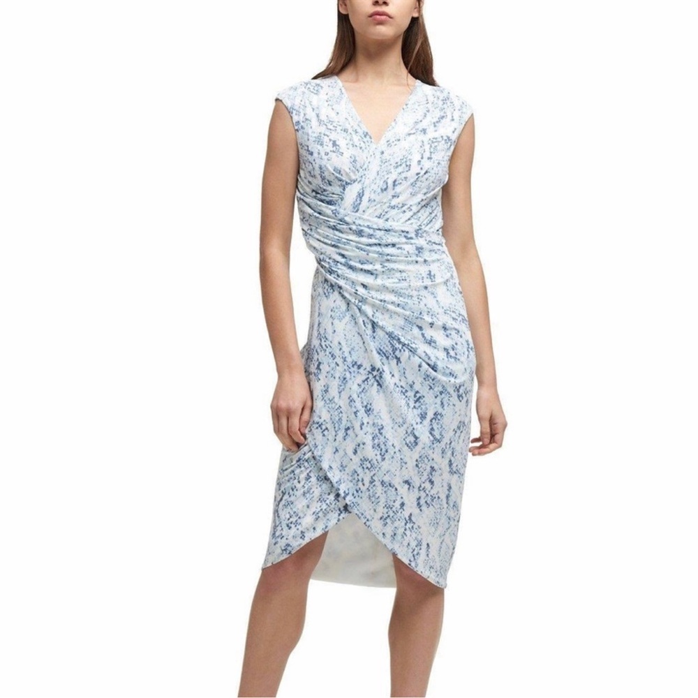 DKNY Twisted V-Neck Dress. Blue and White Snakeskin print. Size 8. NWOT.